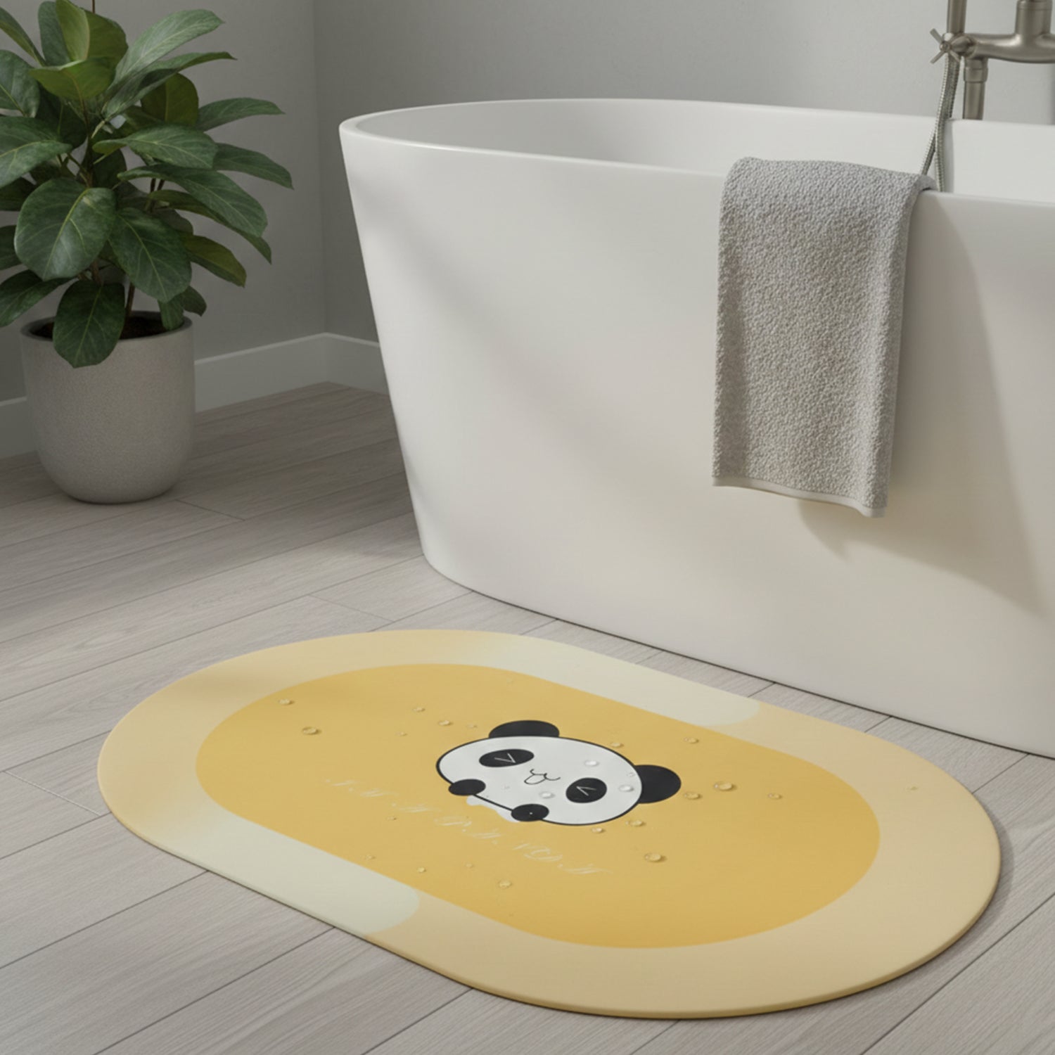 Wukusy anti-slip cartoon panda printed bathroom floor mat, 90x59 cm with colorful panda design and non-slip surface.