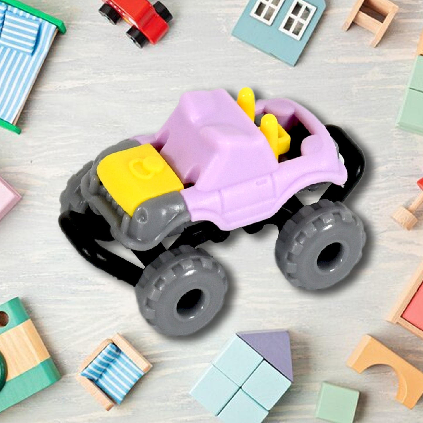 Wukusy 1946 Mini Monster Trucks for kids featuring friction-powered mechanism, large plastic tires, bright colors, and blaze truck design