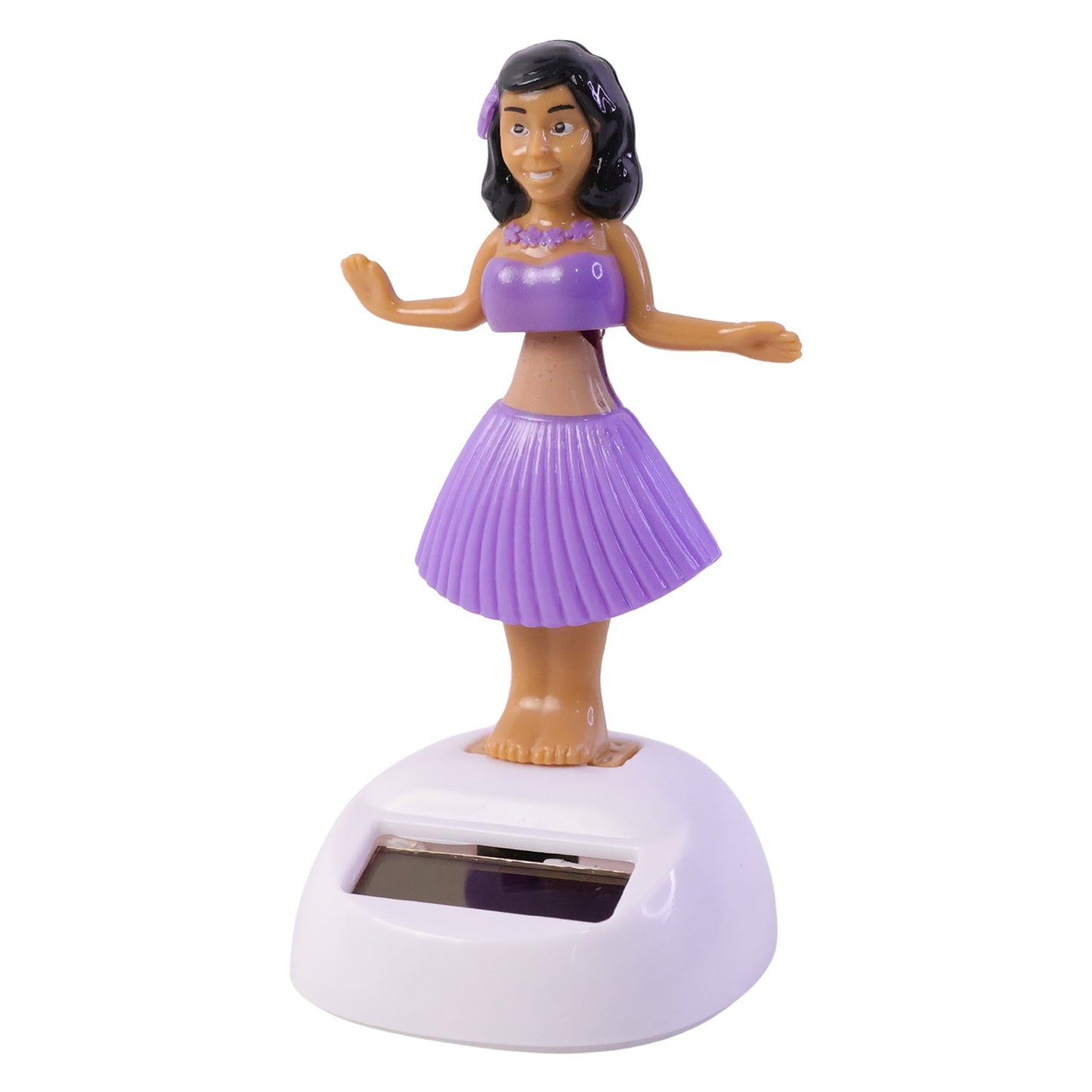 Wukusy solar-powered dancing hula doll bobble toy on car dashboard, showcasing a colorful hula dancer figure with moving hips.