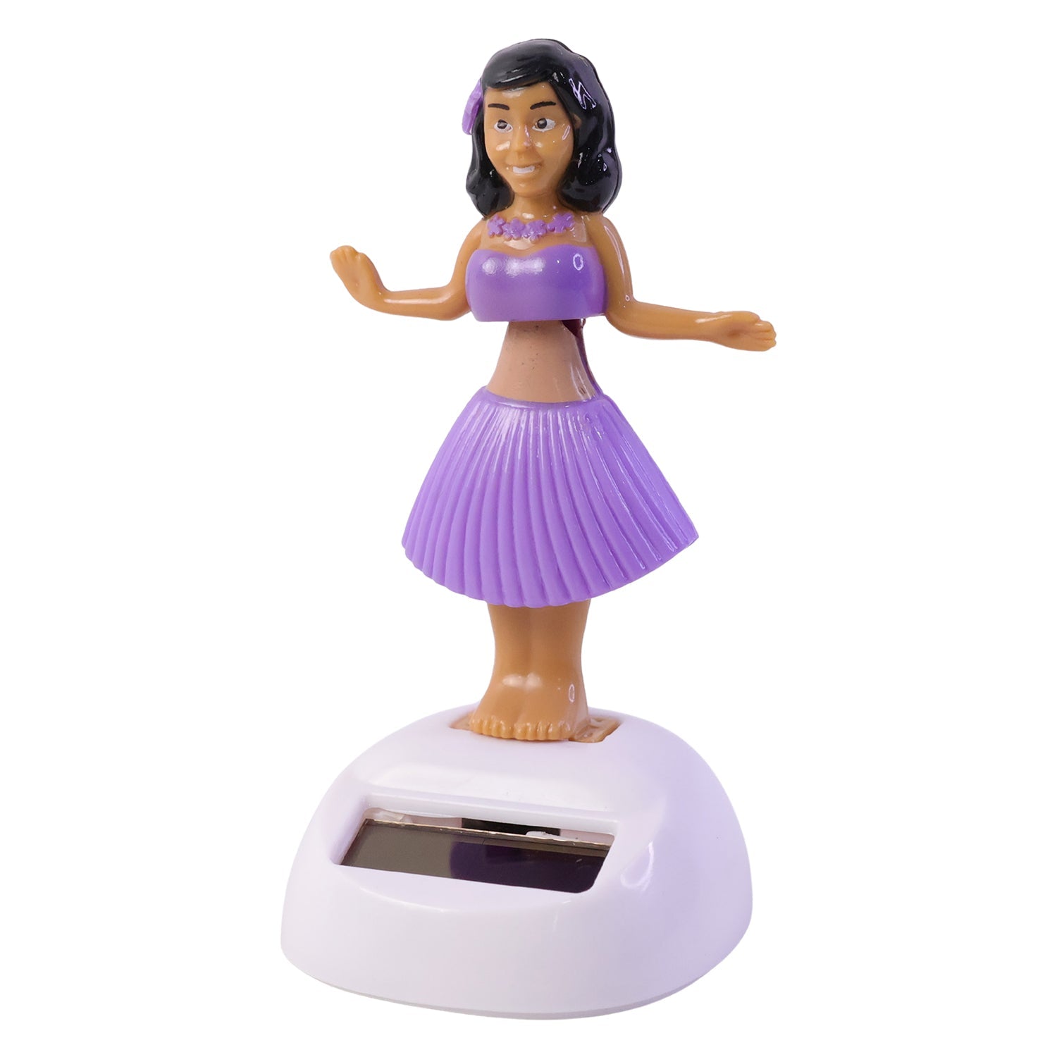 Wukusy solar-powered dancing hula doll bobble toy on car dashboard, showcasing a colorful hula dancer figure with moving hips.