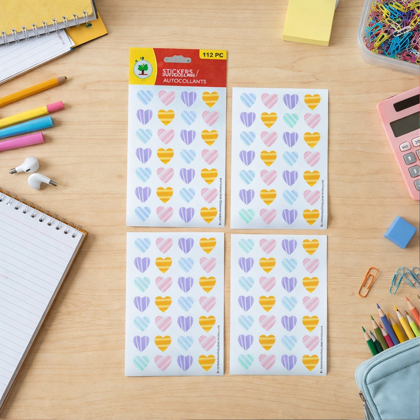 Colorful heart-shaped decorative sticker set with 112 pieces on four sheets, ideal for crafts and decorating.