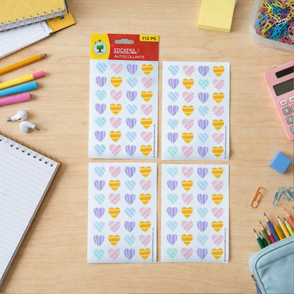 Colorful heart-shaped decorative sticker set with 112 pieces on four sheets, ideal for crafts and decorating.