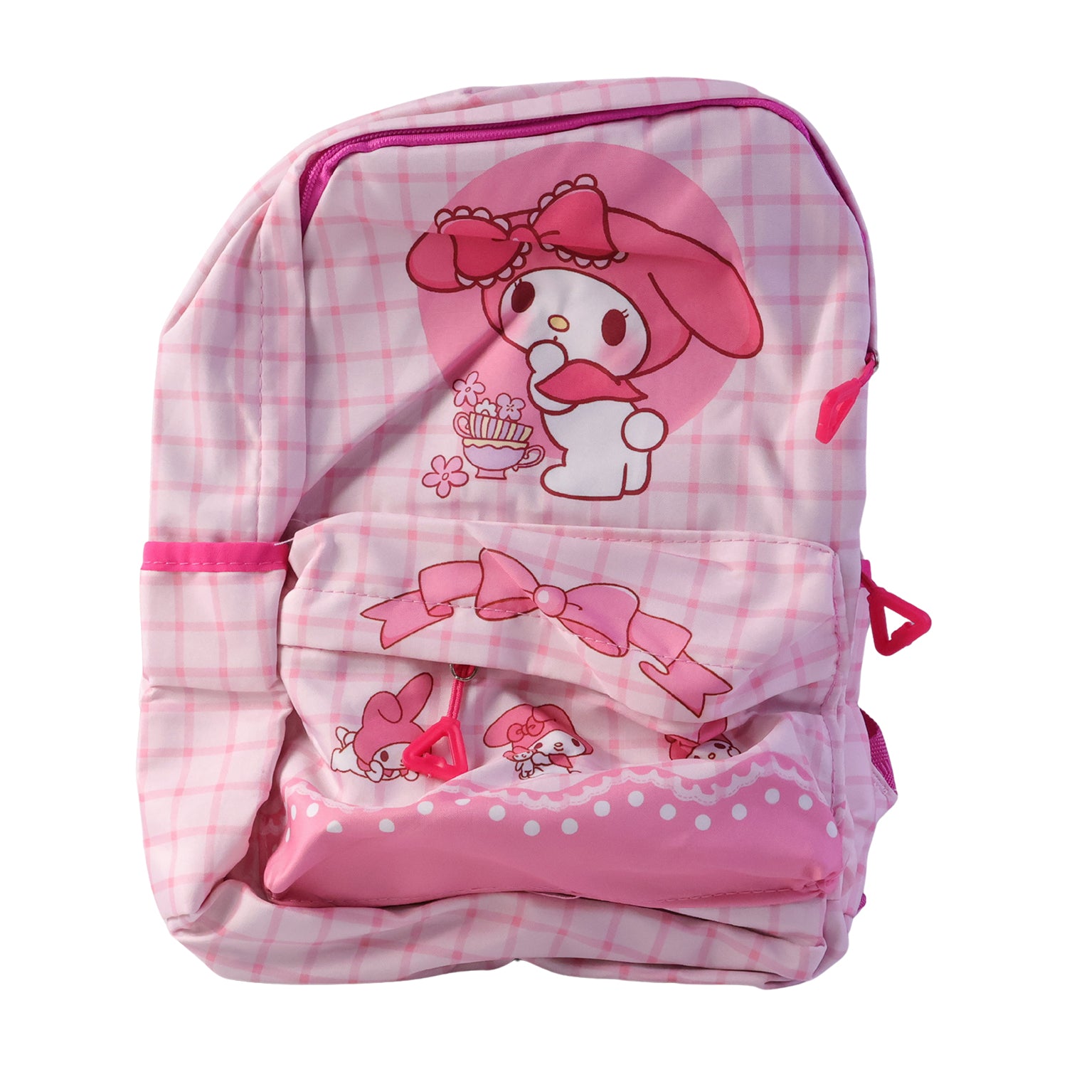 Wukusy 13-inch cute bunny and bow design backpack featuring colorful fabric and adjustable straps for children