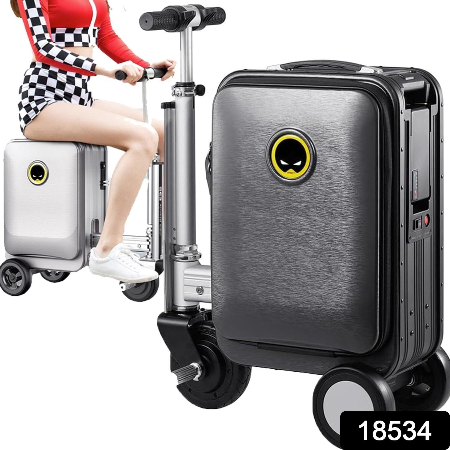 Wukusy electric travel suitcase with scooter features, removable battery, and sleek design for smart, convenient luggage travel.