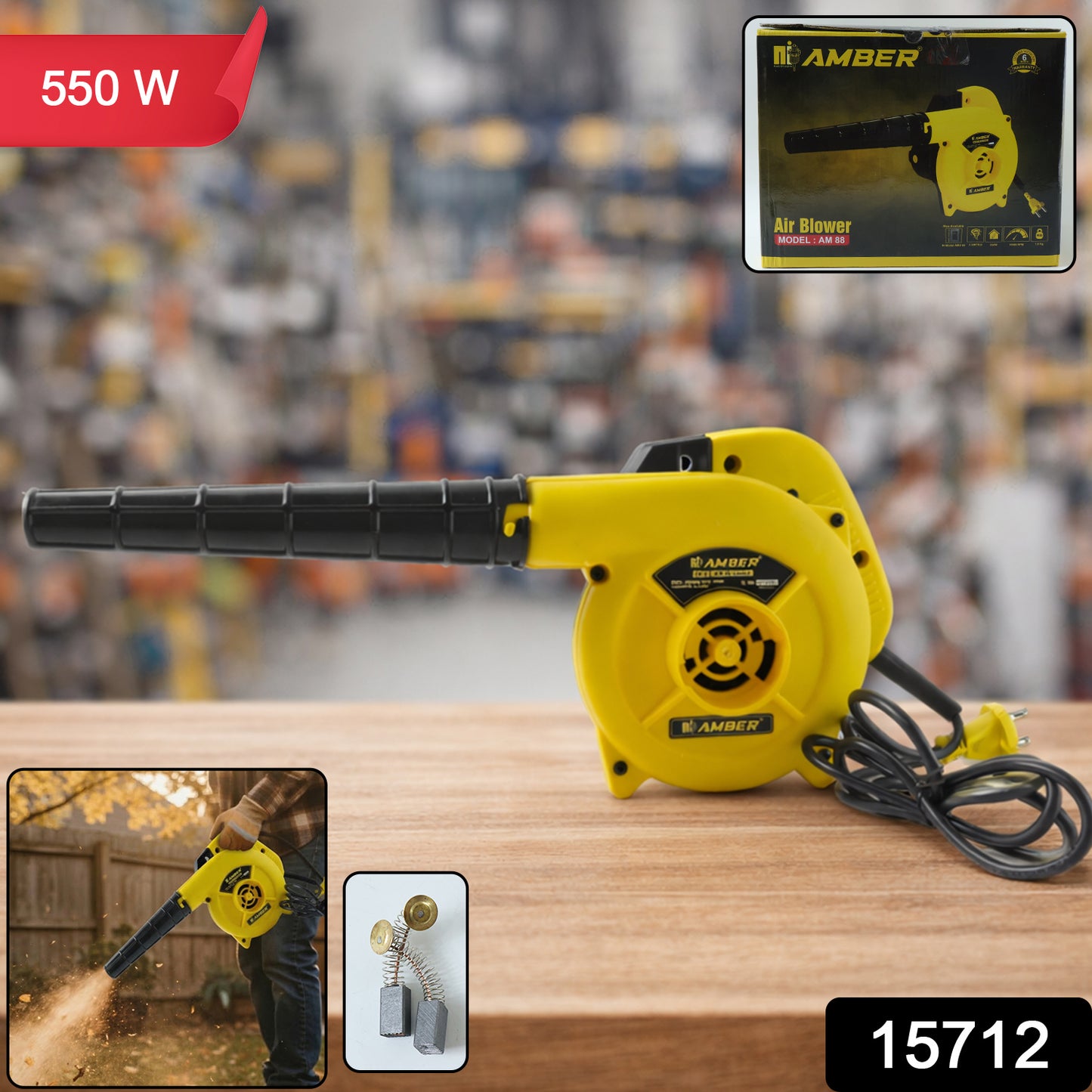 Wukusy amber electric dust cleaning air blower with 550W motor, shown in use for powerful air blowing and dust removal.