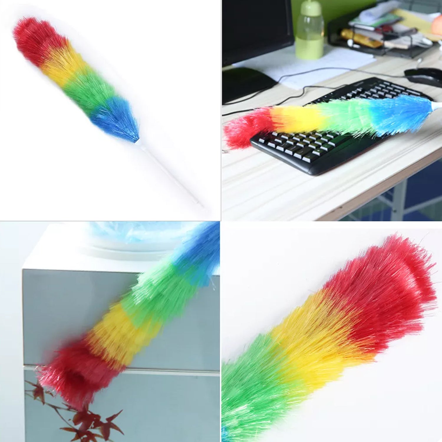 Wukusy 6321 colorful feather microfiber duster with long dusting stick for cleaning and dusting surfaces in home improvement.