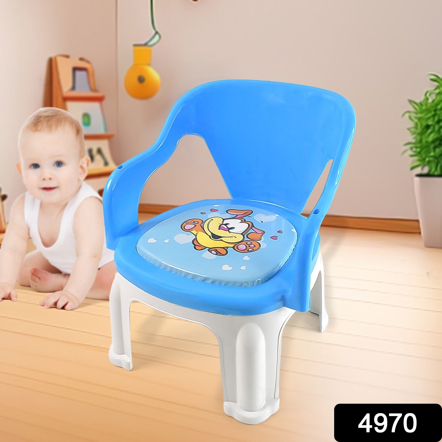 Wukusy plastic multipurpose baby chair with cushion base, sturdy and durable for infants, shown with padded seat and adjustable height