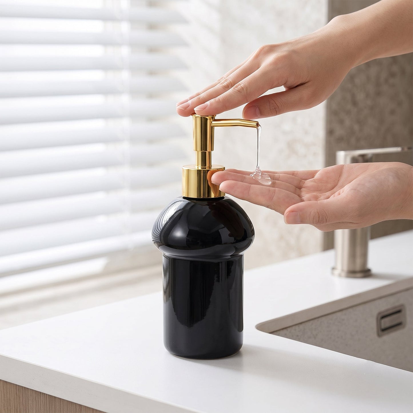 Black glass liquid soap dispenser bottle with gold pump from Wukusy, refillable, stylish bathroom accessory.
