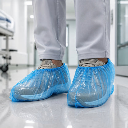 Set of five disposable plastic shoe covers with elastic fit by Wukusy, designed to protect footwear during cleanrooms or work sites.