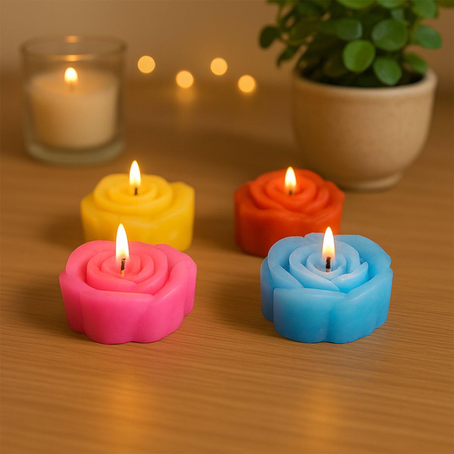 Six rose-shaped wax candles in a set, decorative home decor by Wukusy, featuring detailed, handcrafted floral candle designs.