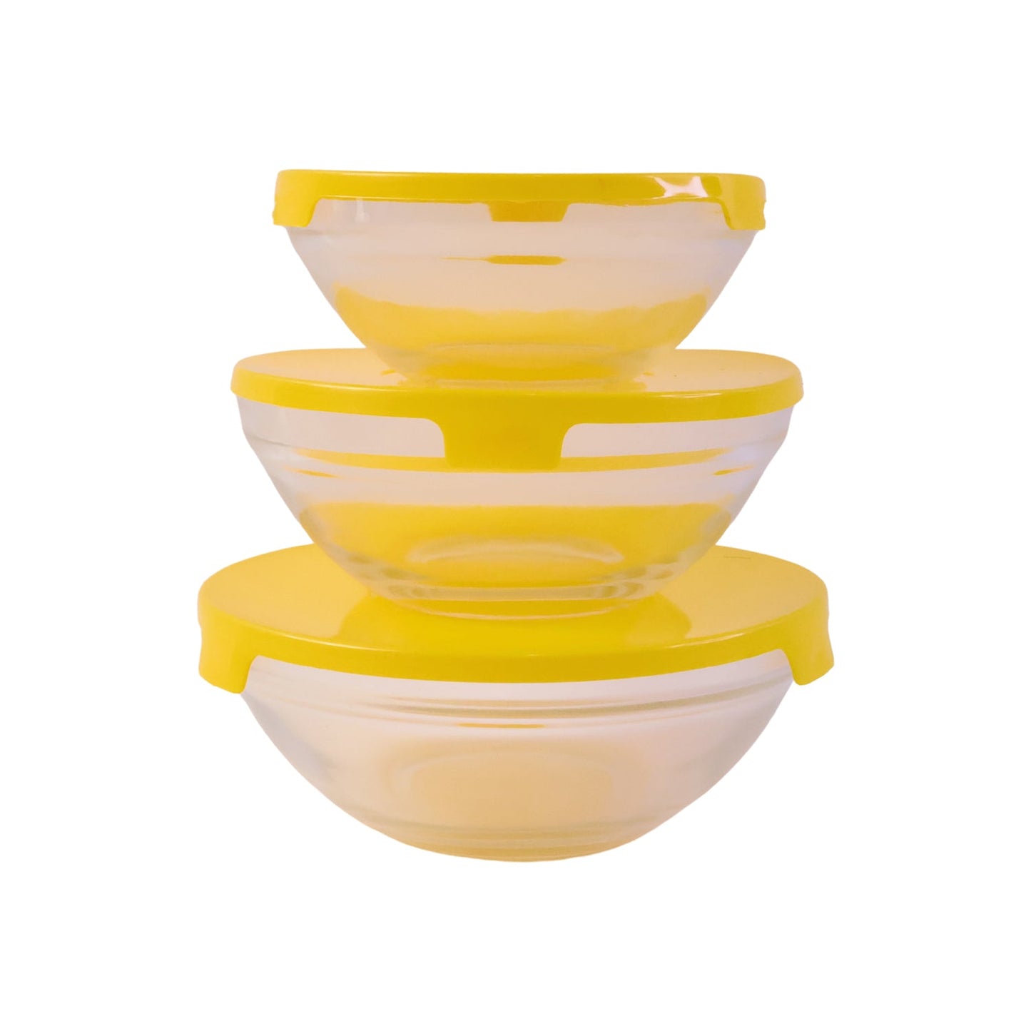 Wukusy glass bowl set with lids for versatile kitchen storage and serving, clear glass bowls showing lids on a countertop.