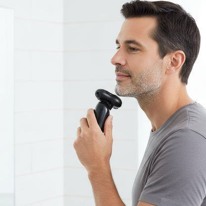 Wukusy rechargeable electric rotary shaver and trimmer for men, with multiple attachments visible in the set.