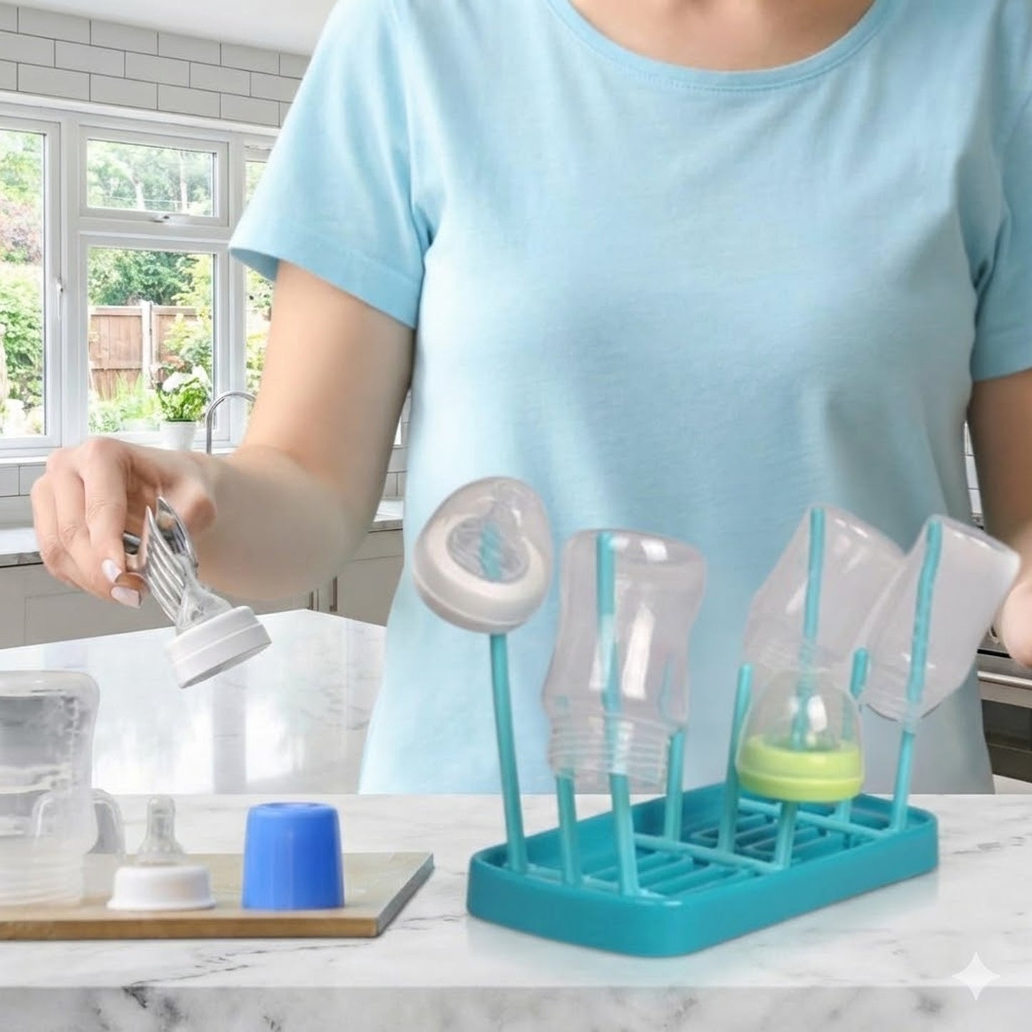 Wukusy baby feeding bottle drying rack with multiple slots for drying bottles and parts, made of durable plastic.