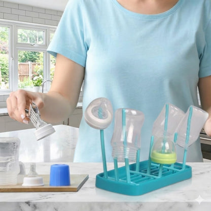 Wukusy baby feeding bottle drying rack with multiple slots for drying bottles and parts, made of durable plastic.
