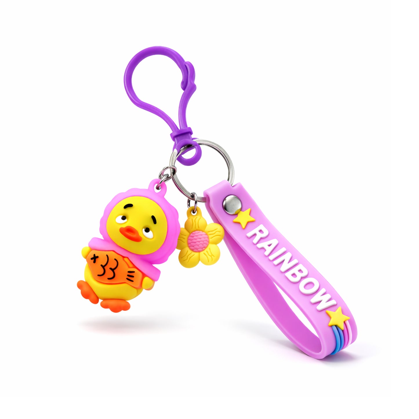 Colorful cartoon duck keychain with rainbow strap from Wukusy, featuring a cute, playful design perfect for accessories.