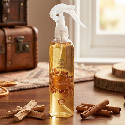 Wukusy sandal fragrance air freshener spray for home or office, 250 ml bottle with floral scent, shown in a clean, modern spray bottle.