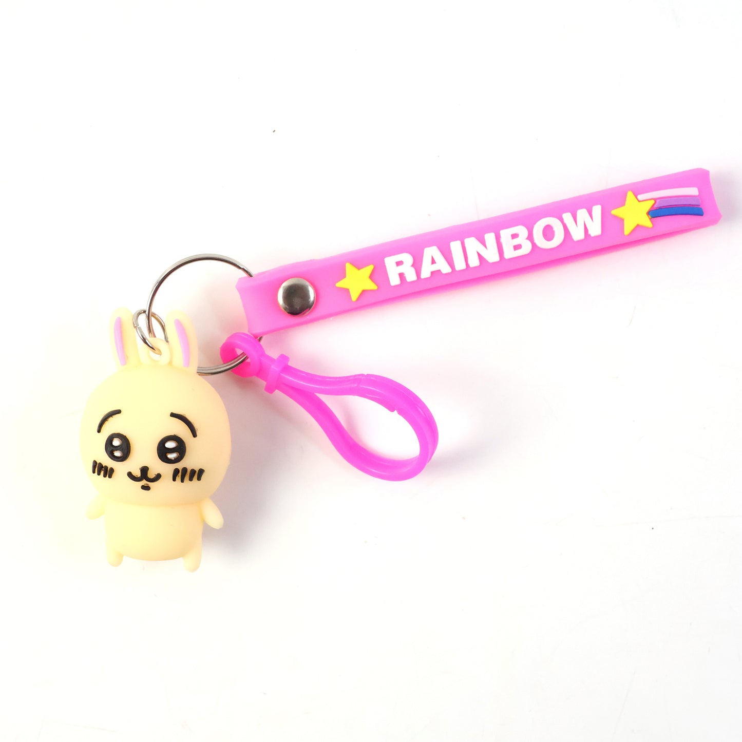 Cute Wukusy Bunny Character Keychain hanging from a hook, featuring soft pastel colors and adorable bunny design.
