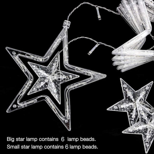 Wukusy 1253 12 Stars curtain string lights with flashing modes hanging in a window for festive home decor.
