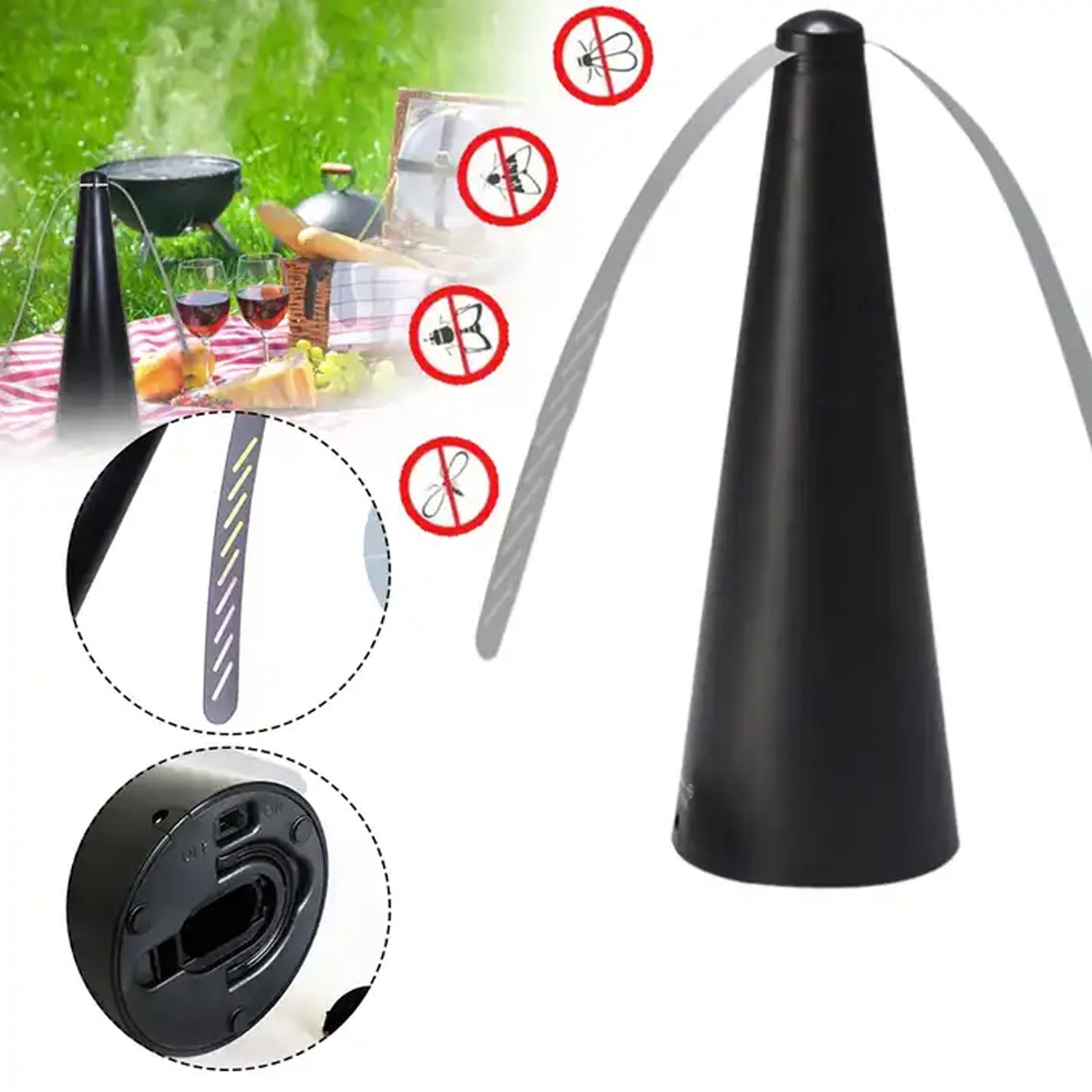 Wukusy 8416 Fly Protection Fan, portable table top insect fan with black design, battery and USB operated for indoor and outdoor fly repellent use.