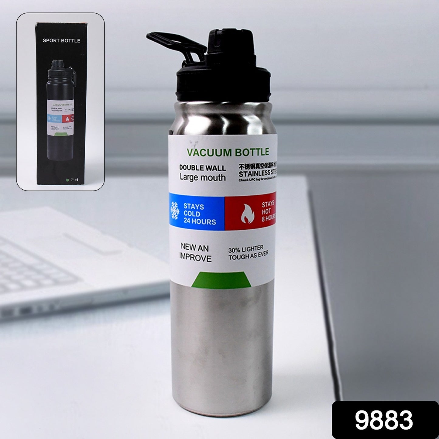 Wukusy stainless steel double wall vacuum-insulated 800ml water bottle with sleek design and secure lid.