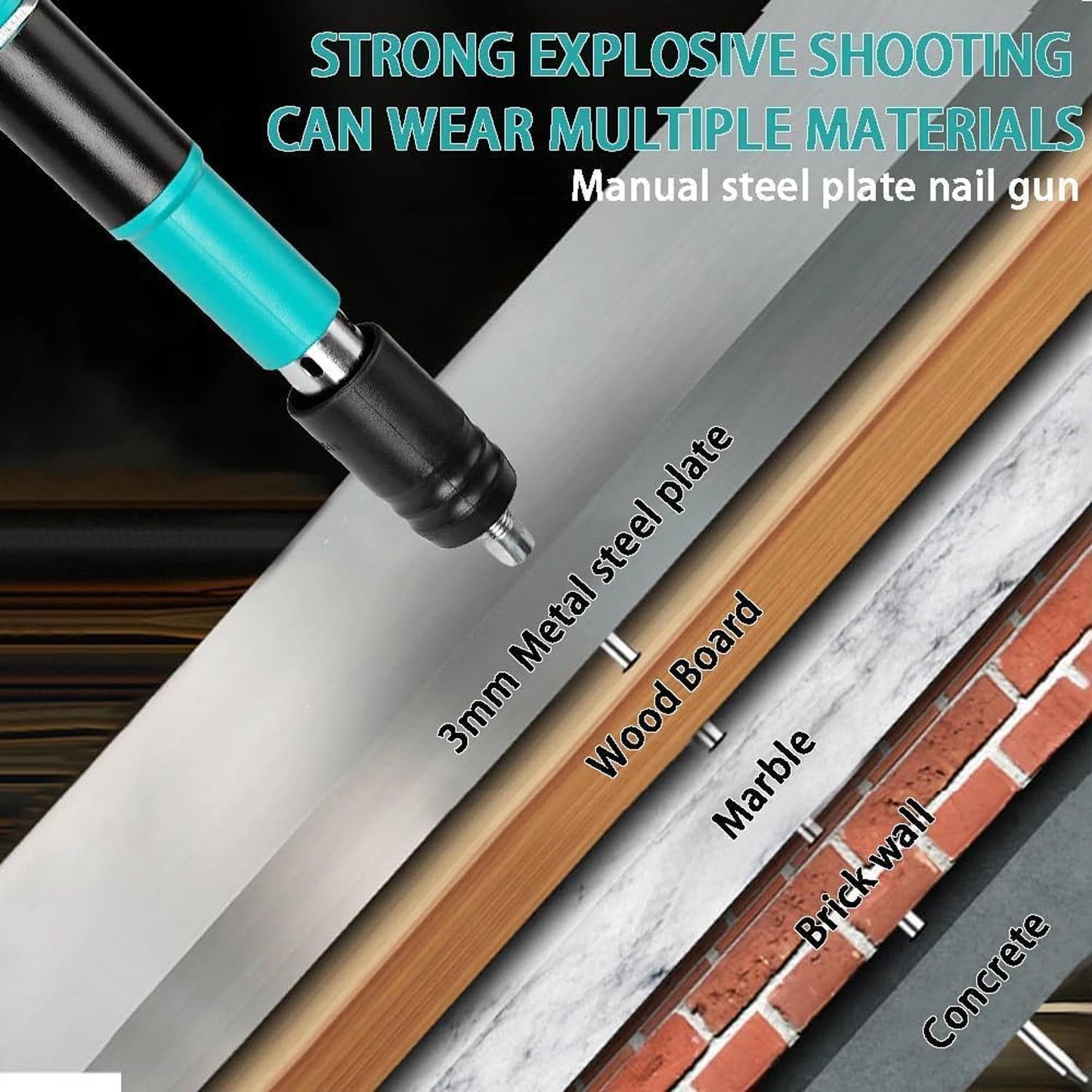 Wukusy manual wall fastening tool nail gun with steel nails set, showing the handheld device and a box of nails for wall installation