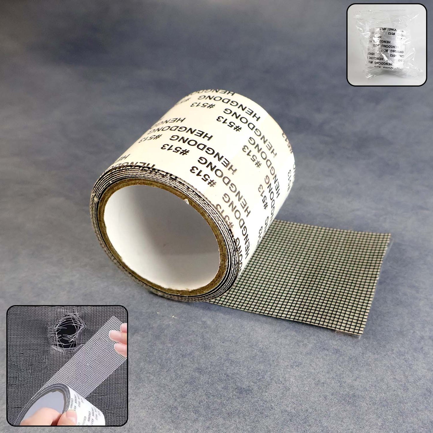 Wukusy premium self-adhesive window screen repair mesh tape, 5cm x 1m, used for fixing and sealing damaged window screens.