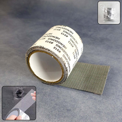 Wukusy premium self-adhesive window screen repair mesh tape, 5cm x 1m, used for fixing and sealing damaged window screens.