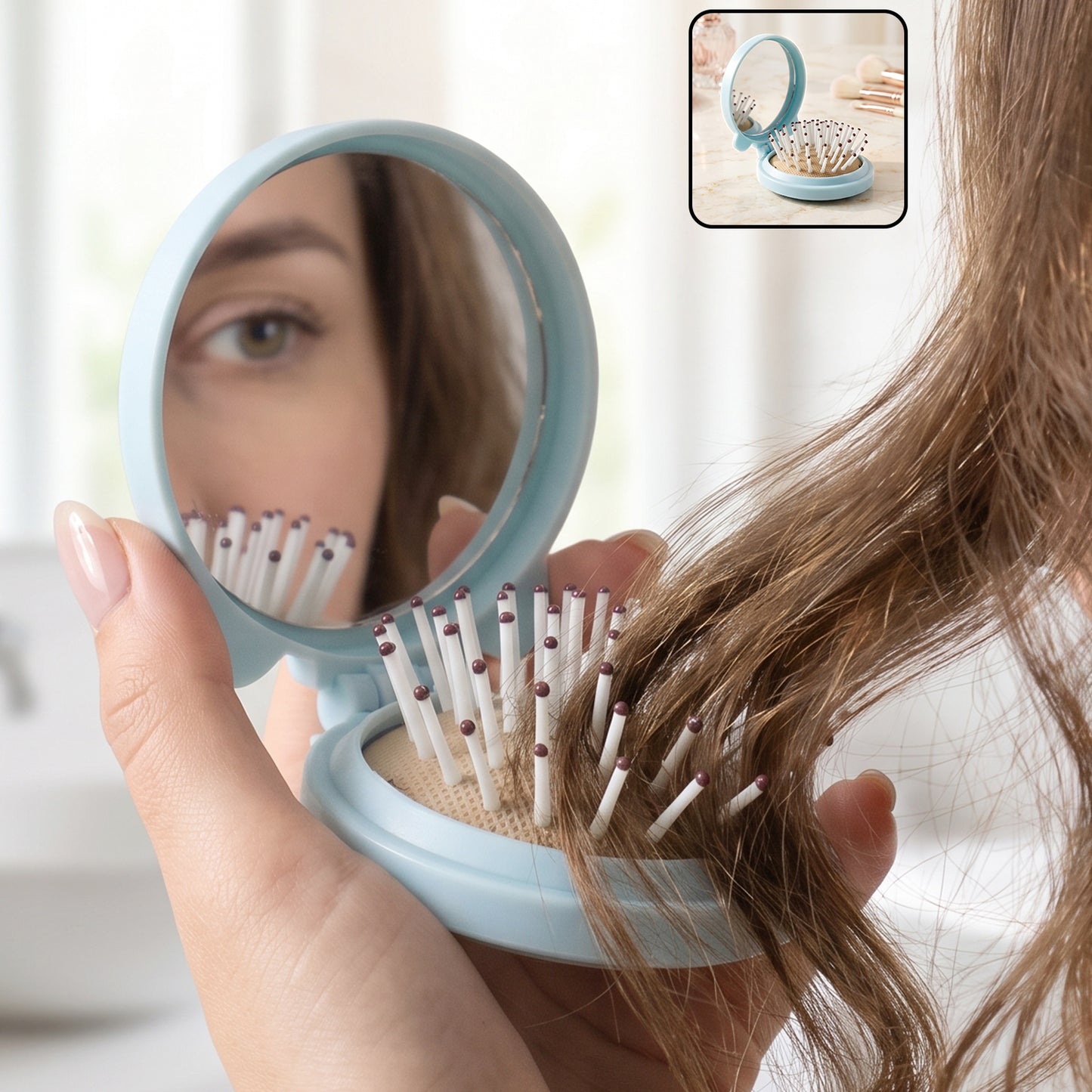 Wukusy 2-in-1 folding hair brush with mirror, compact pop-up design for travel, shown open with brush and mirror visible.