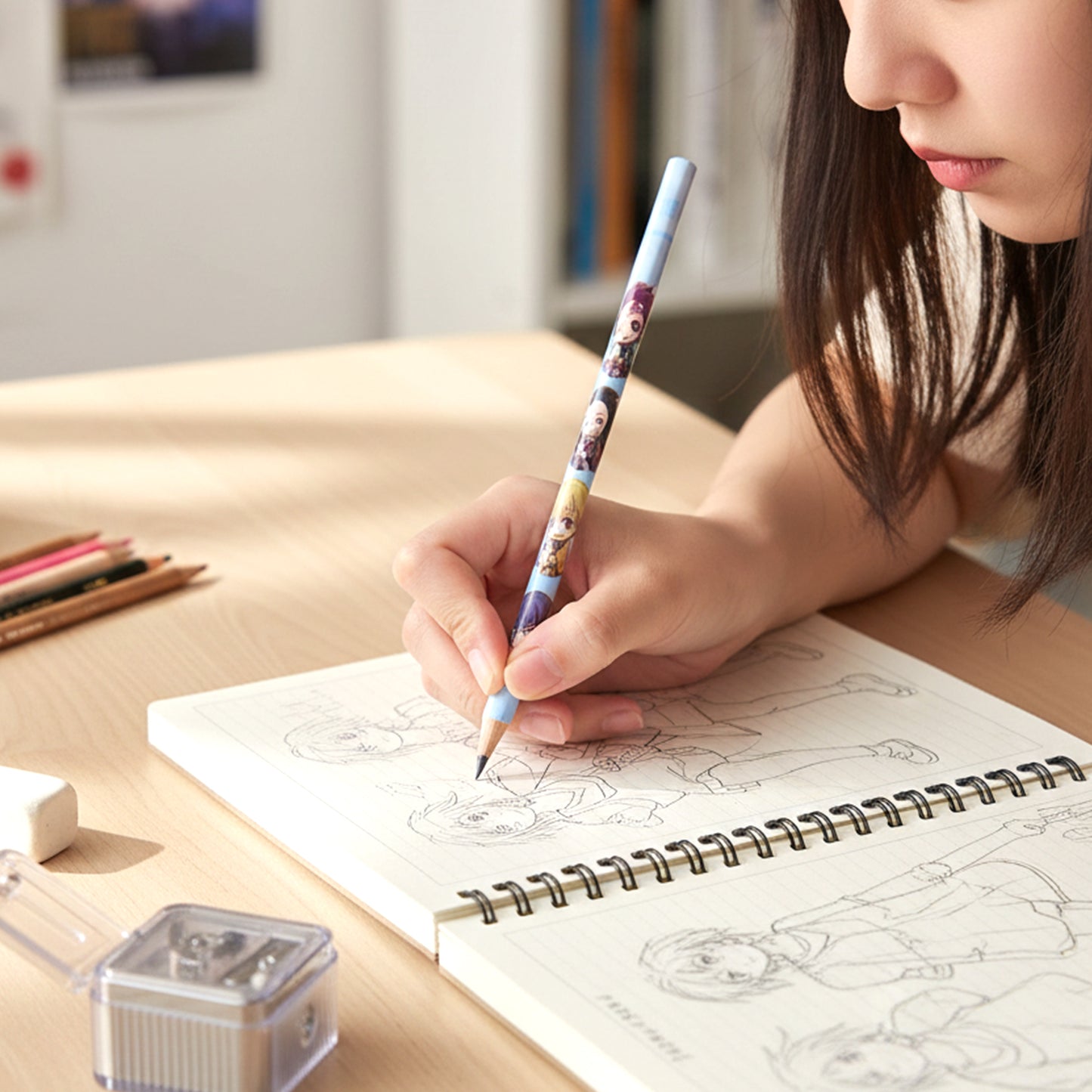 Set of four Wukusy cartoon printed pencils for kids, featuring cute colorful designs for school writing and drawing.