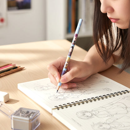 Set of four Wukusy cartoon printed pencils for kids, featuring cute colorful designs for school writing and drawing.