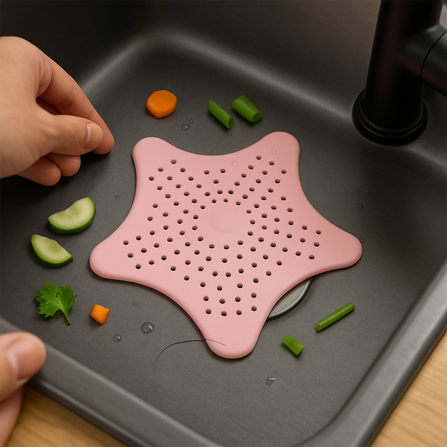 Baby pink silicone star-shaped sink filter by Wukusy, designed to catch hair and debris in bathroom basin drains.