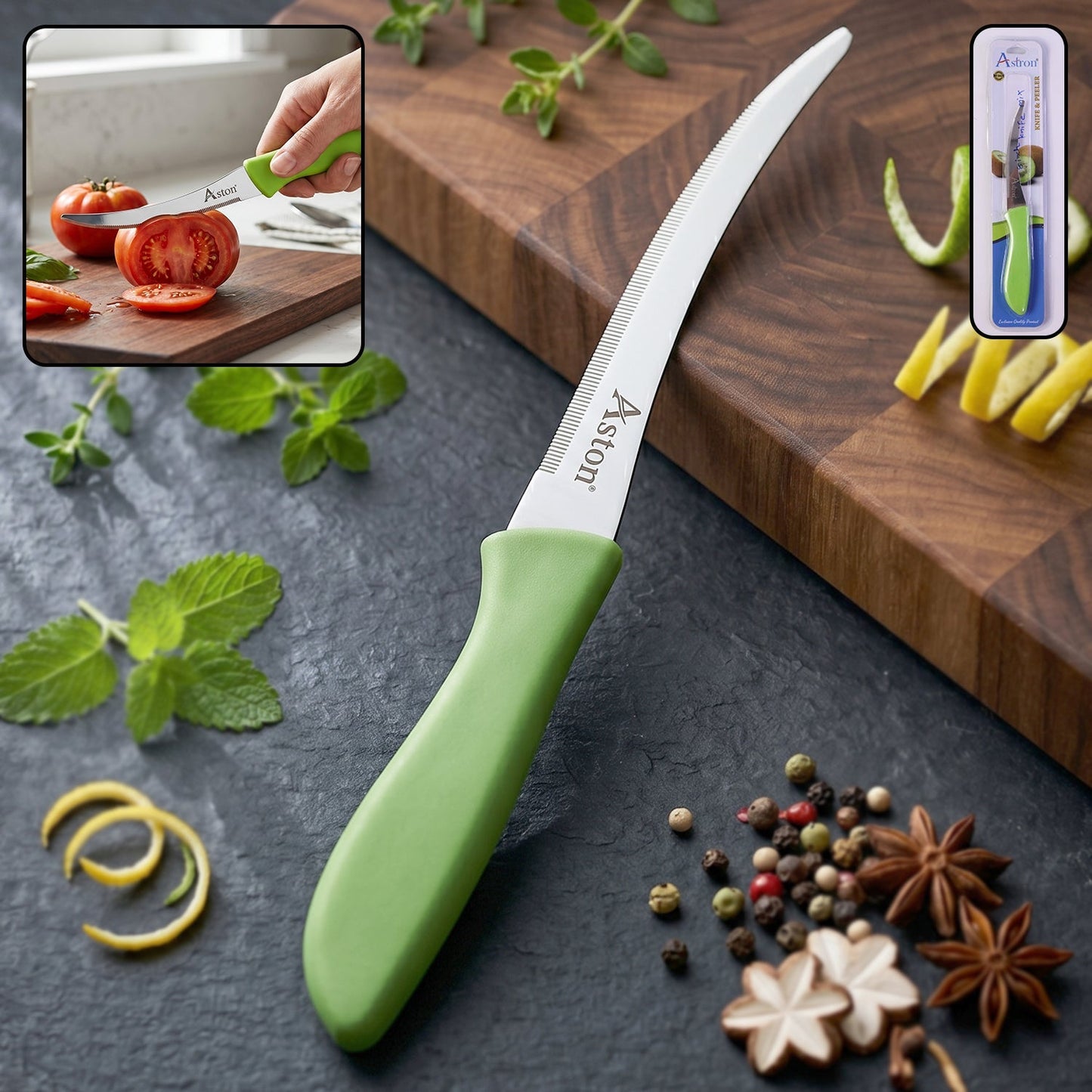 Wukusy 8-inch stainless steel mix design kitchen knife with curved blade and plastic handle, ideal for precise slicing and chopping.