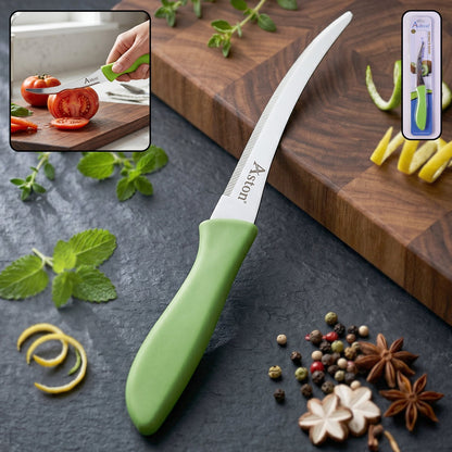 Wukusy 8-inch stainless steel mix design kitchen knife with curved blade and plastic handle, ideal for precise slicing and chopping.