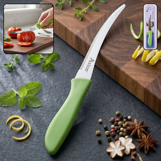 Wukusy 8-inch stainless steel mix design kitchen knife with curved blade and plastic handle, ideal for precise slicing and chopping.