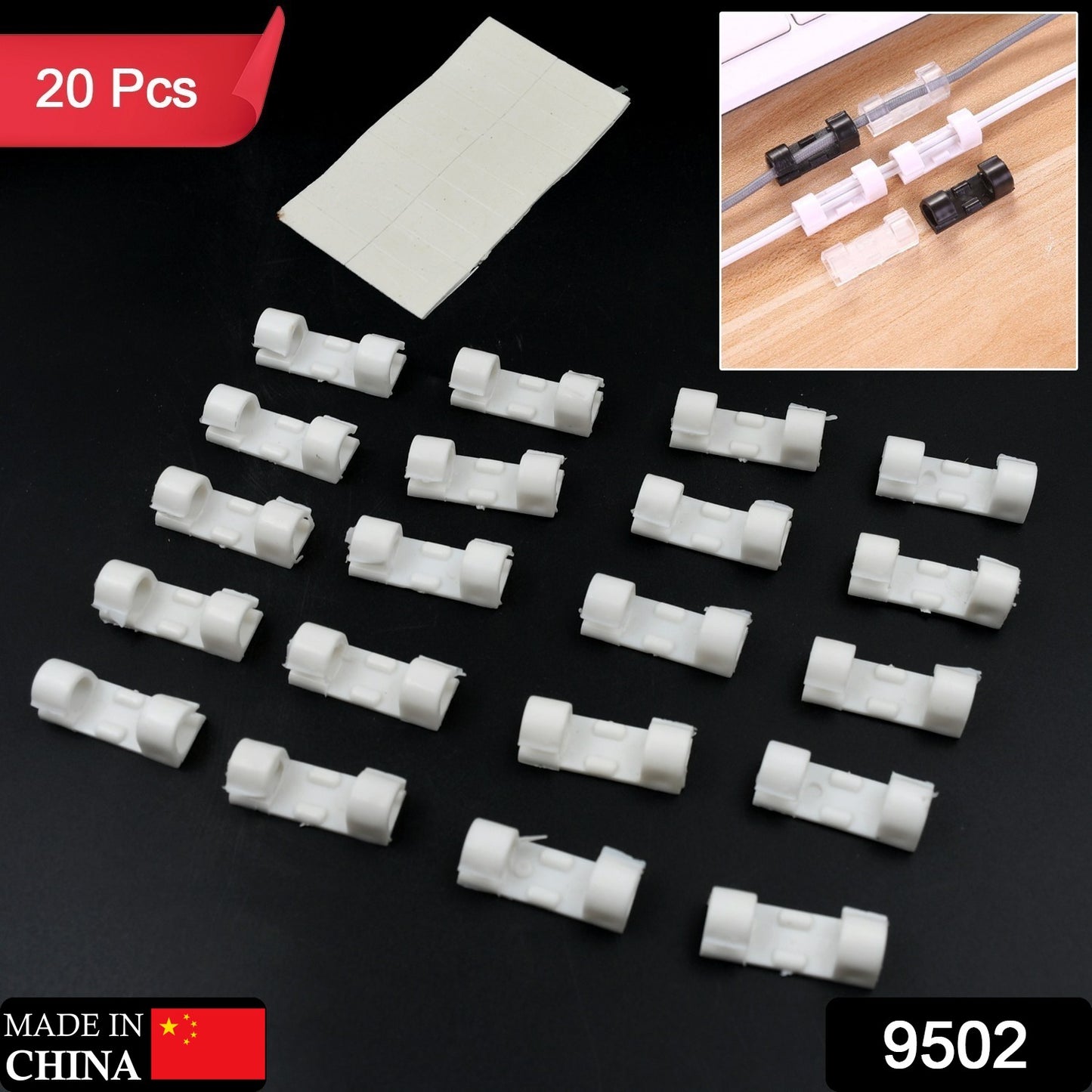 Set of 20 Wukusy plastic cable clips with strong adhesive tape for organizing wires, cables, and cords in cars, offices, and homes.