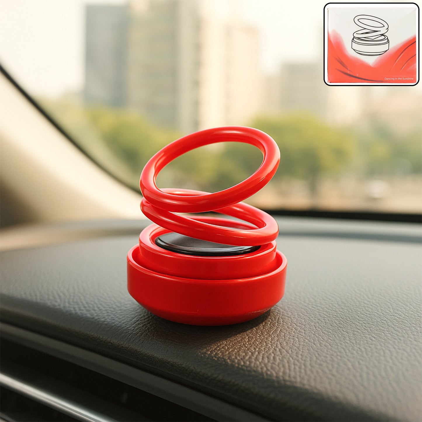 Small Wukusy solar car aroma air freshener hanging in a vehicle interior, compact automotive scent diffuser with solar panel.