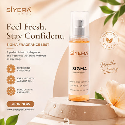 Wukusy Sigma Fragrance Mist Body Spray with Aloe Vera Gel, 100ml, showing the spray bottle and elegant packaging.