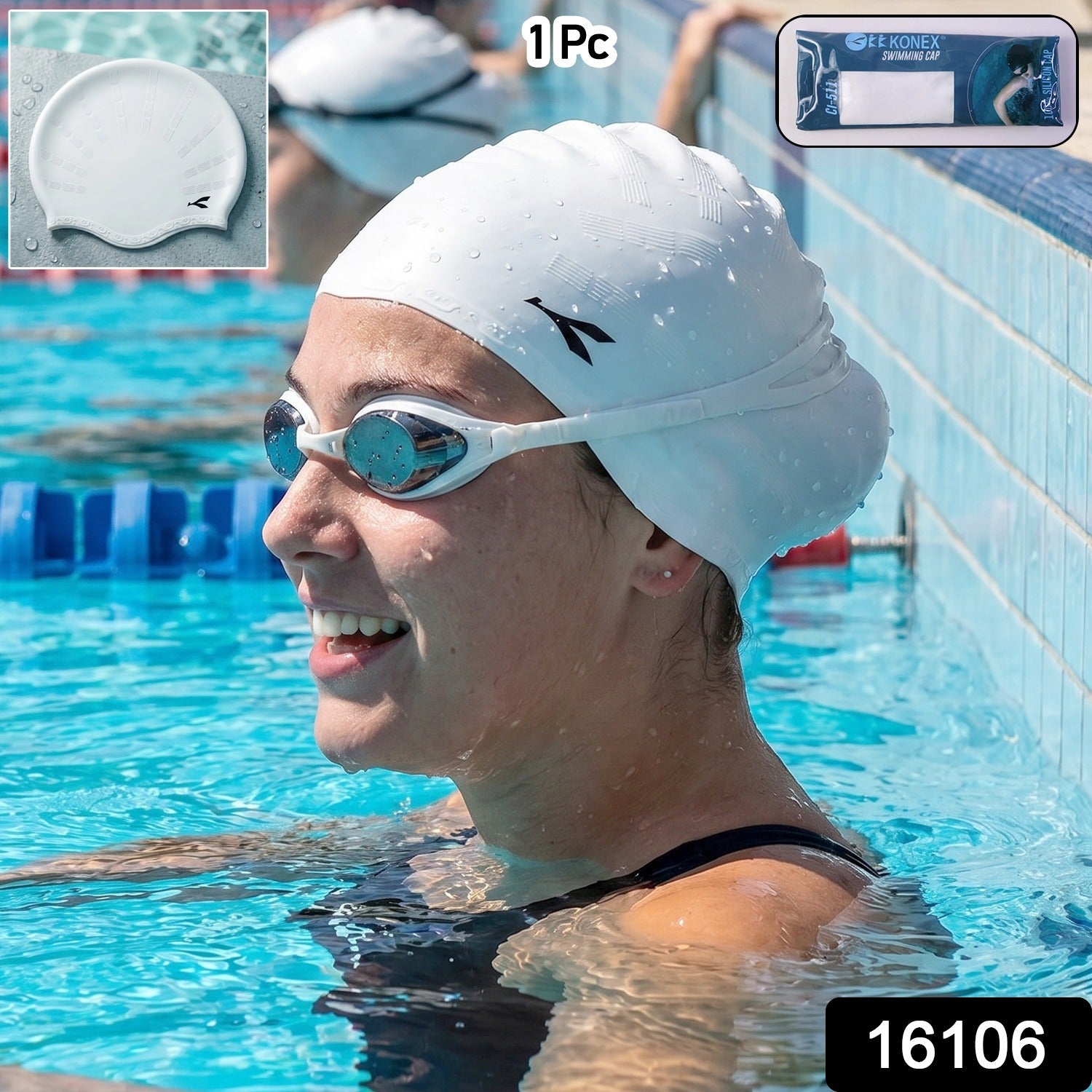Wukusy Konex flexible silicone swimming cap waterproof swim hat for adults and kids, shown in sleek black.