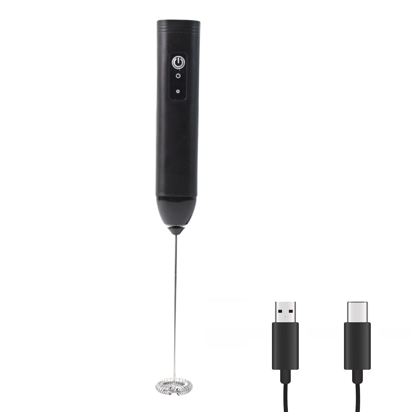 Wukusy small electric handheld milk frother with stainless steel whisk for making creamy froth in home kitchen.