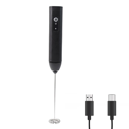Wukusy small electric handheld milk frother with stainless steel whisk for making creamy froth in home kitchen.