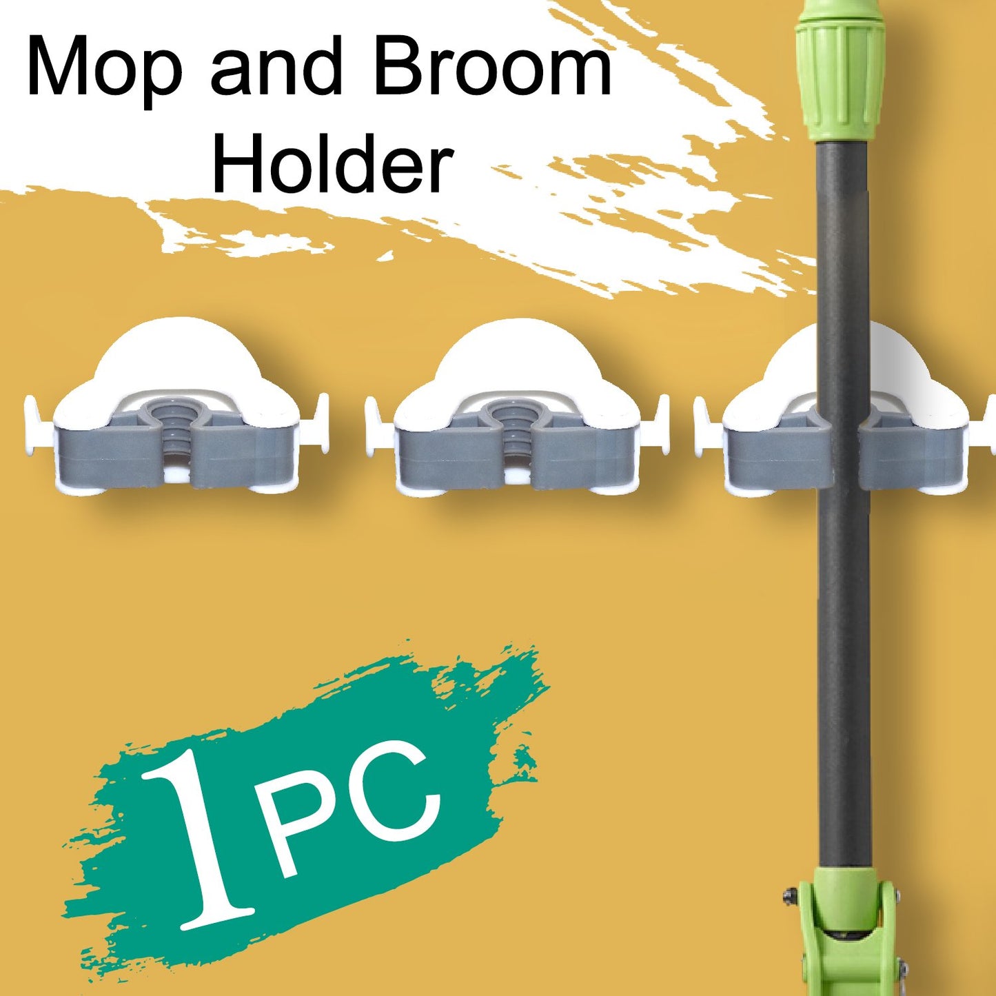 Wukusy 1670 Mop and Broom Holder mounted on wall, holding cleaning tools with hooks and secure slots for organization.