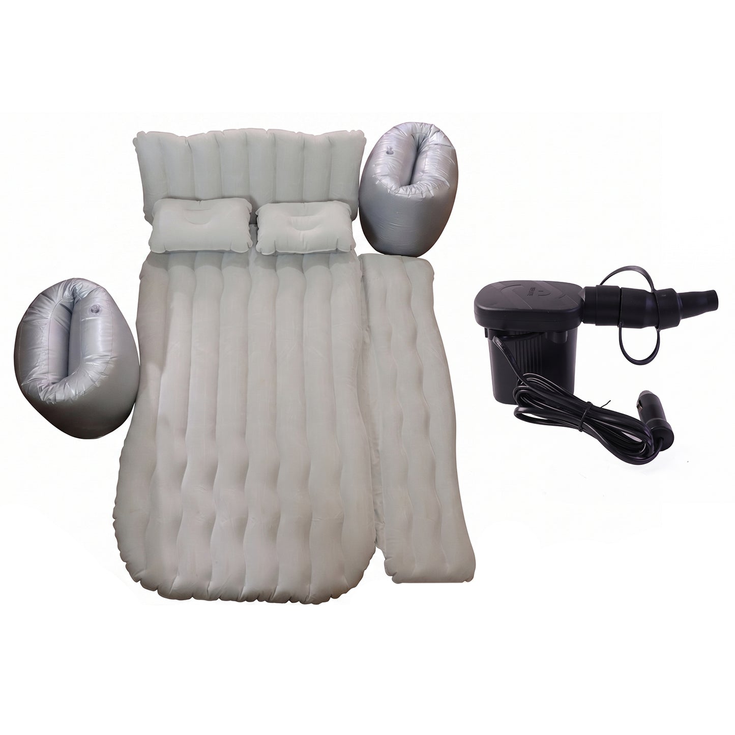 Wukusy portable car air mattress bed set with two pillows and air pump displayed on a vehicle interior.