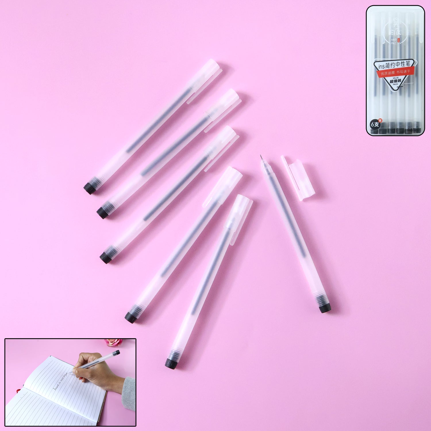 Set of six Wukusy transparent gel pens with smooth black ink for writing and drawing, featuring sleek clear barrels