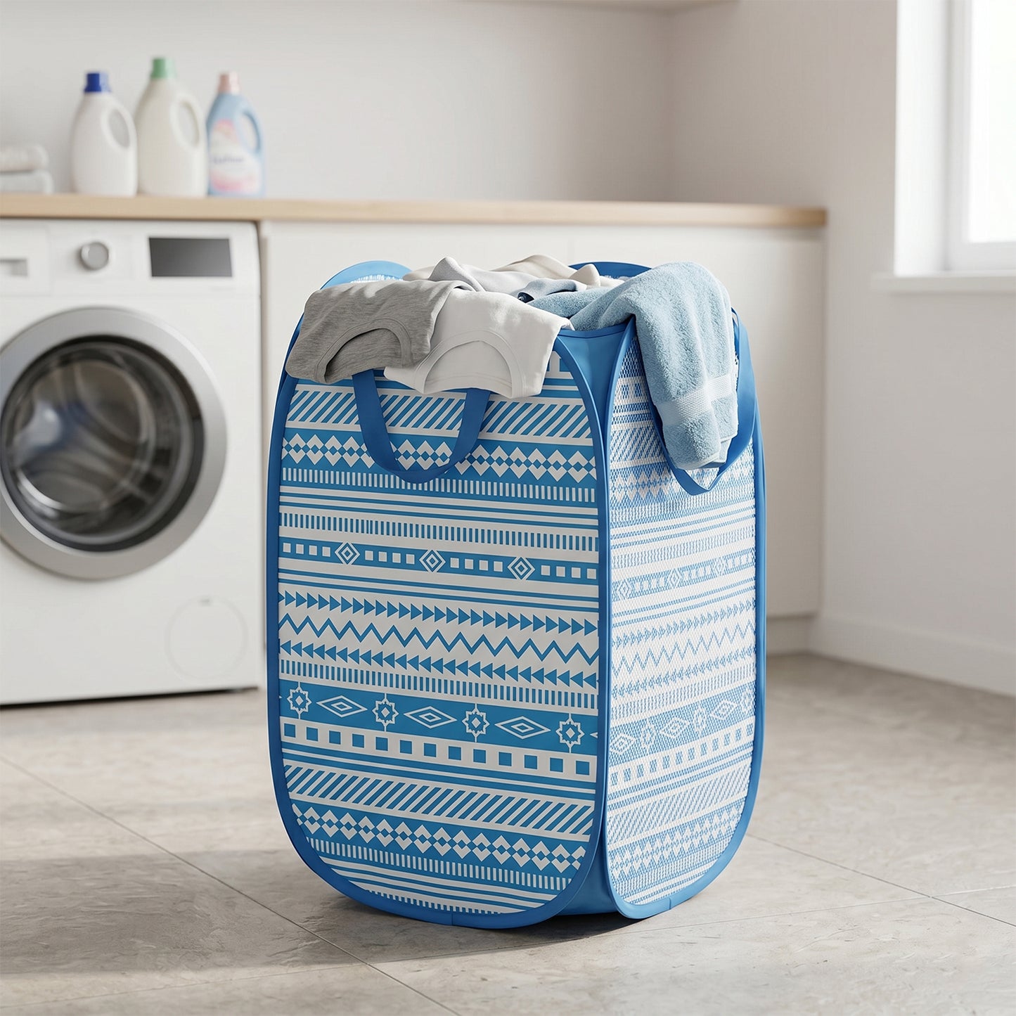 Wukusy foldable fabric mesh laundry basket, 52x30x30cm, used for storing clothes with a lightweight, breathable design.