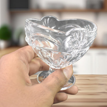 Set of six Wukusy glass ice cream cups for serving desserts or treats in a home kitchen. Clear, round, and stylish.