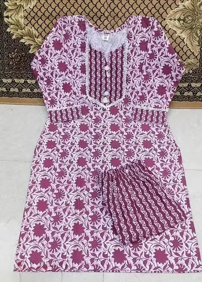 Women’s purple cotton kurti set with maroon pants, floral print, three-quarter sleeves, suitable for daily wear, by Ekom