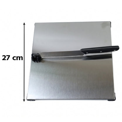 Wukusy stainless steel 2-in-1 cutting and chopping board with built-in knife, featuring a sleek design and durable surface.