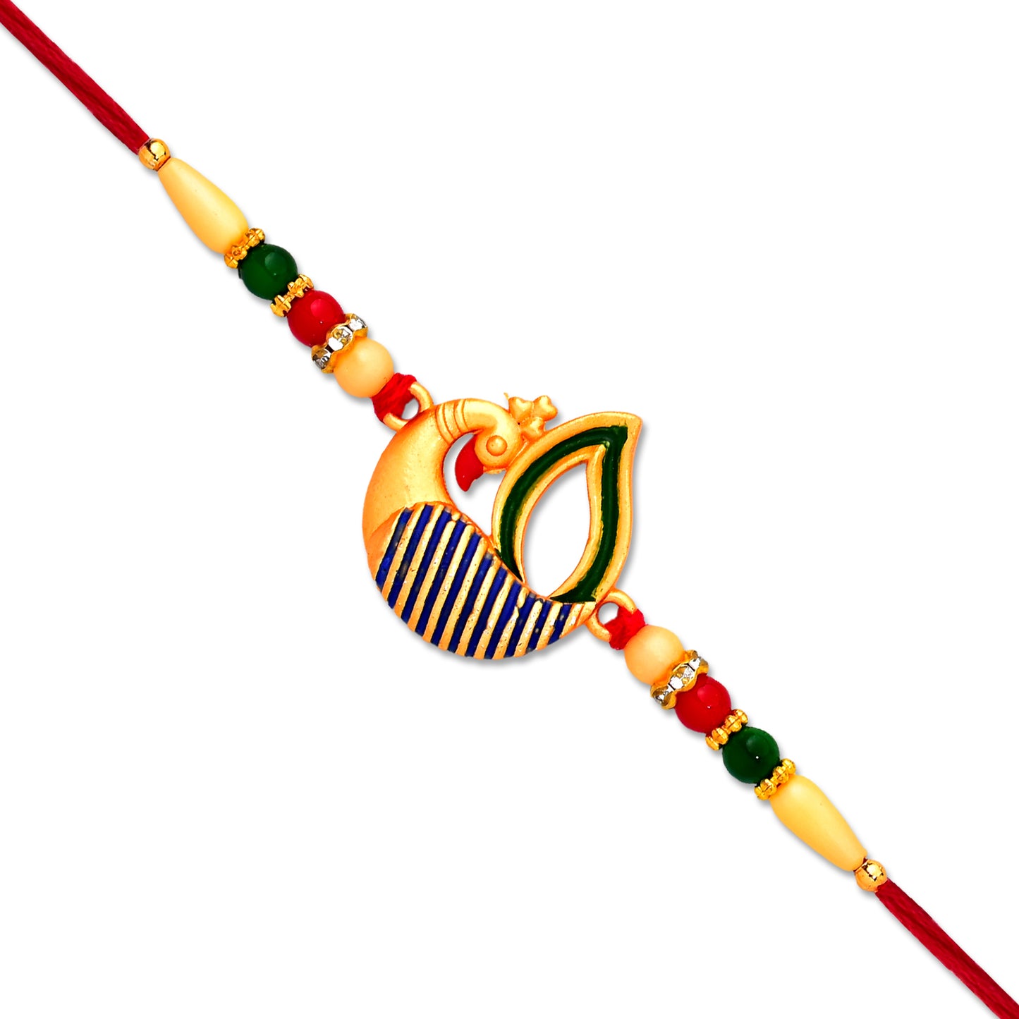 Colorful peacock feather rakhi from Wukusy featuring intricate design and vibrant feathers for festive occasion.