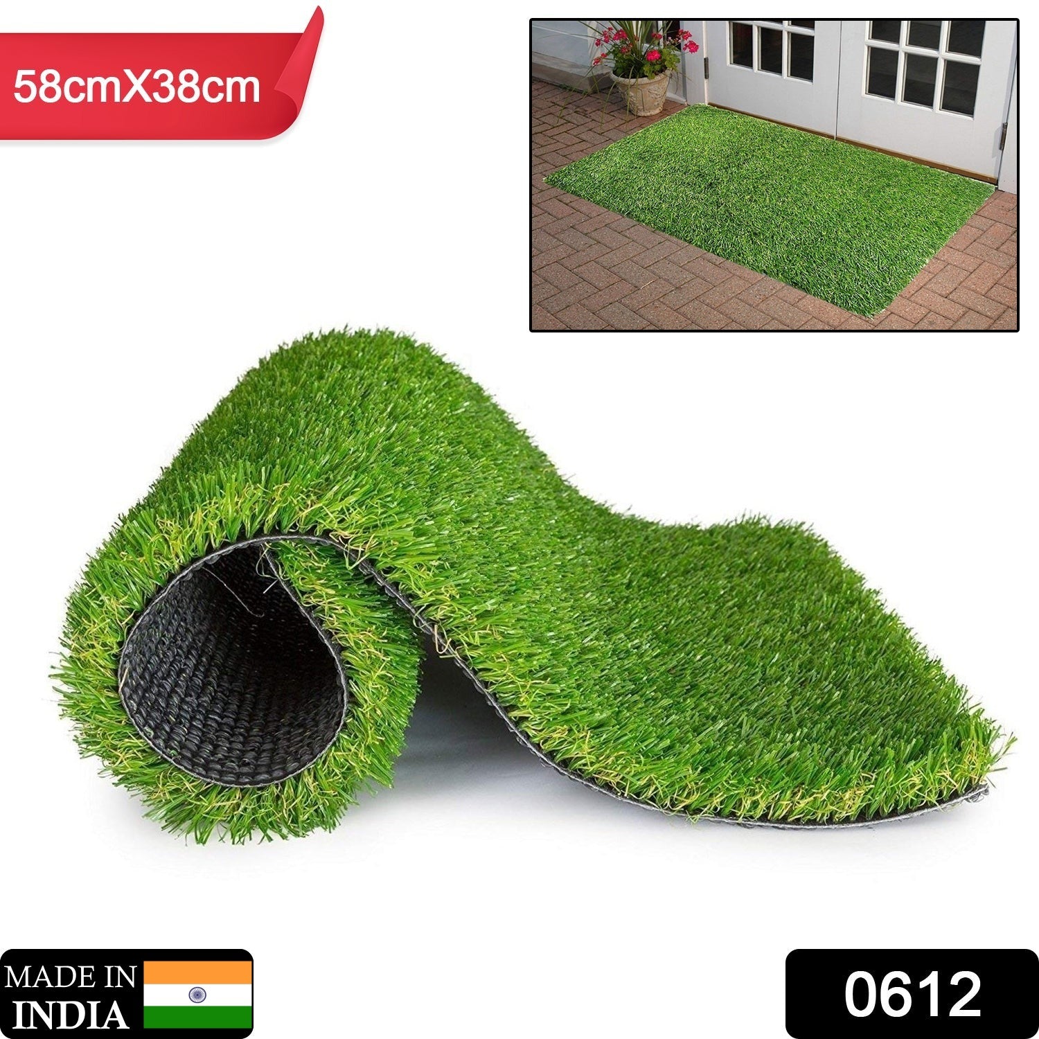 Wukusy artificial grass for balcony or doormat, soft durable plastic turf carpet, 58x38cm, green textured surface.