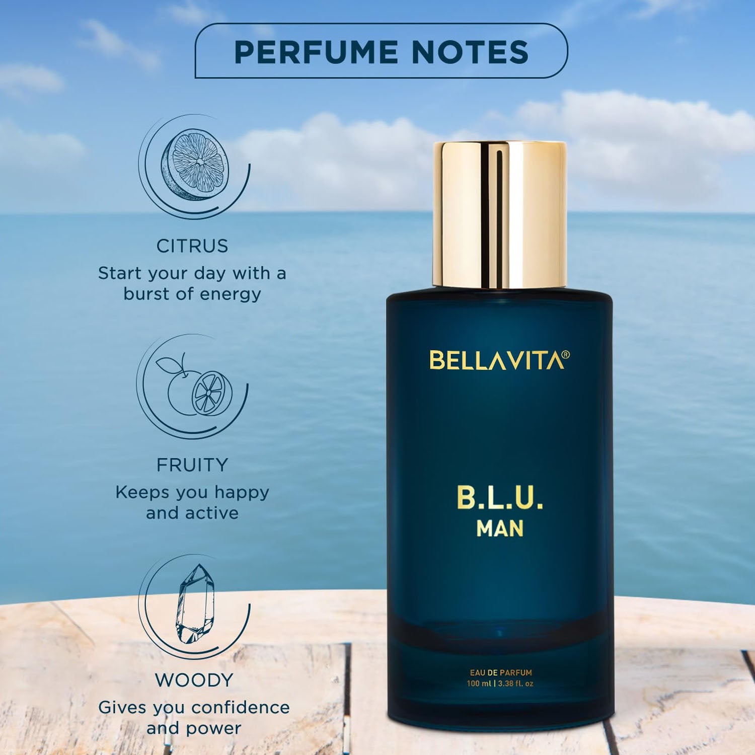 Bellavita Premium B.l.u. Man Eau De Perfume by Wukusy, 100ml bottle with sleek design and elegant packaging.